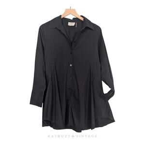 INAE Button Up Tunic Top M Black Lagenlook Work Office Artsy Swing Blouse Long